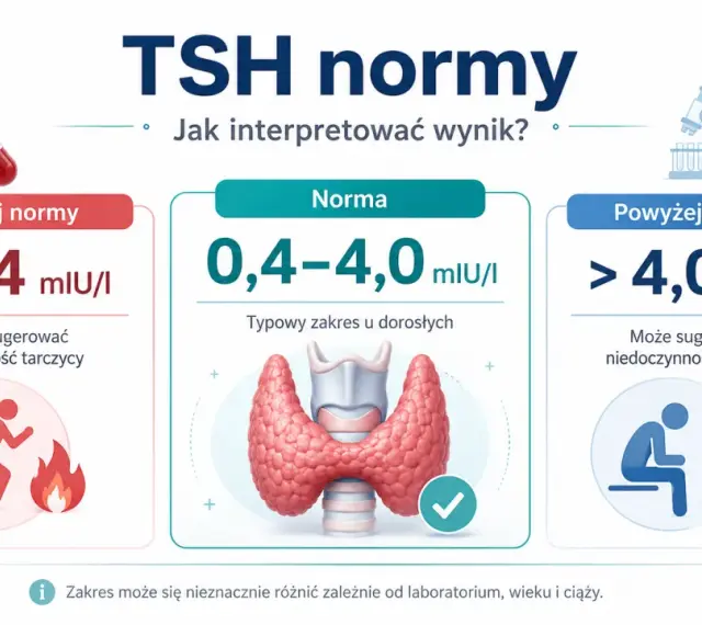 Wynik TSH poniżej normy (<0,4 mIU/I) może sugerować nadczynność tarczycy. Norma to 0,4-4,0 mIU/I. Powyżej normy (>4,0 mIU/I) może oznaczać niedoczynność.