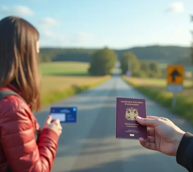 Podróż do Szwecji? Czy do Szwecji potrzebny jest paszport? Kobieta z plecakiem trzyma kartę, a ręka pokazuje paszport na tle drogi.