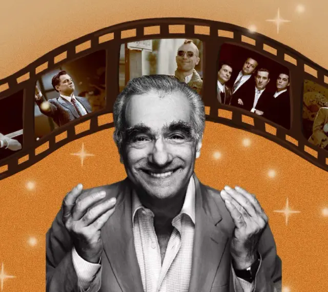 Uśmiechnięty Martin Scorsese na tle klatki filmowej z fragmentami jego kultowych filmów: "Chłopcy z ferajny", "Taksówkarz", "Wściekły byk".