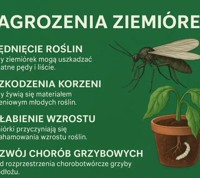 Ziemiórki, małe muszki w kwiatach, niszczą rośliny, uszkadzając korzenie i pędy, hamując wzrost i rozprzestrzeniając choroby grzybowe.