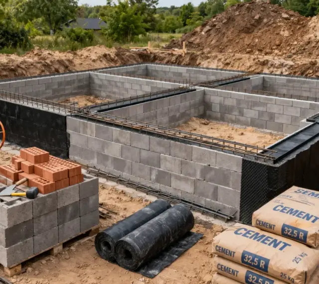 Fundamenty budynku w stanie zero. Betonowe bloki, zbrojenie i materiały budowlane, jak cement, czekają na dalsze prace.