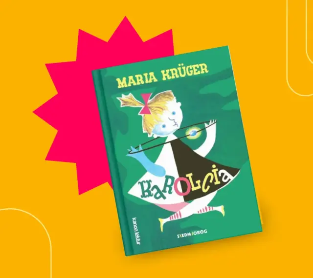Okładka książki "Karolcia" Marii Krukger. Dziewczynka z kokardką na głowie trzyma magiczny koralik. To streszczenie przygód Karolci.