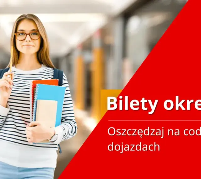 Młoda kobieta w okularach trzyma zeszyty i ołówek. Obok napis "Bilety okresowe".