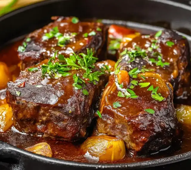 Quatre morceaux de joue de bœuf braisée, tendres et juteux, mijotent dans une sauce riche avec des oignons caramélisés et des herbes fraîches.