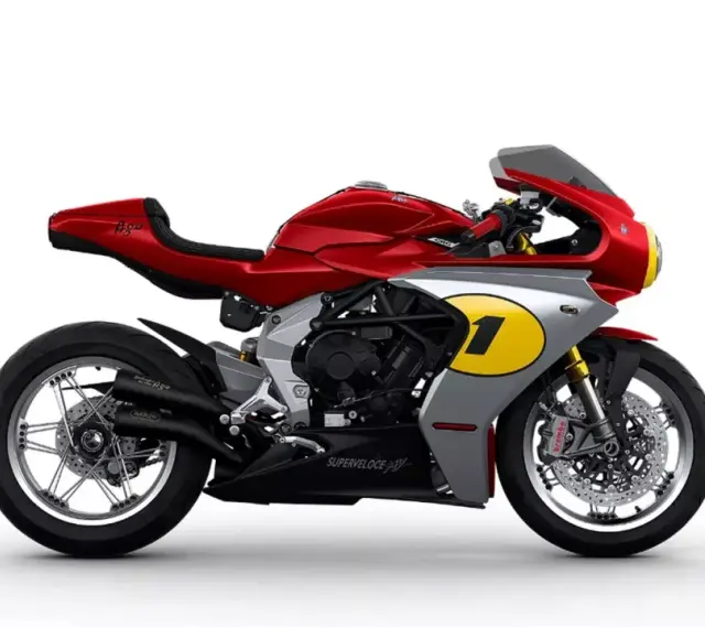 Czerwono-srebrny MV Agusta Superveloce z numerem 1 na owiewce, inspirowany legendą wyścigów.