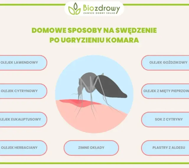 Komar gryzie, powodując swędzenie. Grafika pokazuje domowe sposoby na uczulenie na komary: olejki, sok z cytryny, zimne okłady i plastry z aloesu.