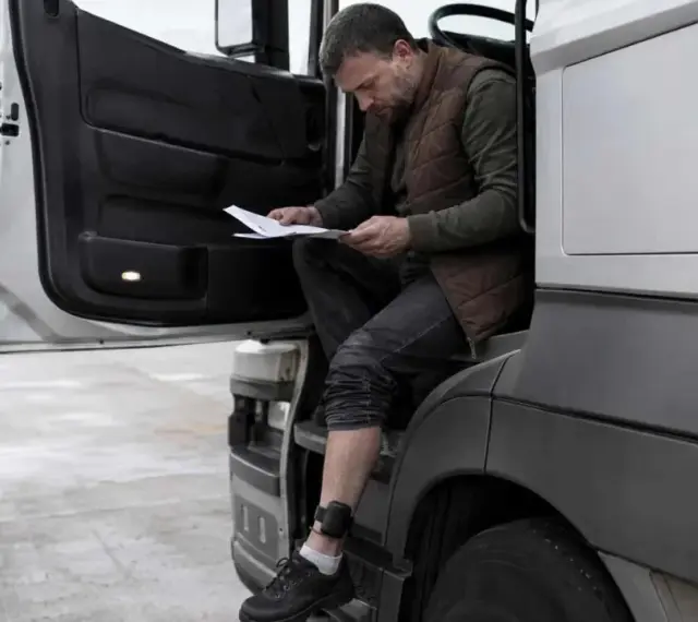 Kierowca z opaską na nodze, symbolizującą zatrudnienie pracownika z dozorem elektronicznym, czyta dokumenty przy kabinie ciężarówki.