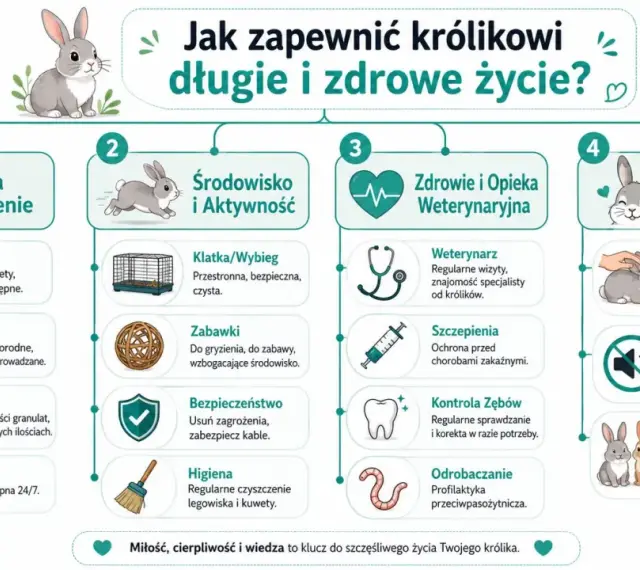 Ilustracja pokazuje, jak zapewnić królikowi długie i zdrowe życie. Kluczowe są: dieta, środowisko, zdrowie i relacje.