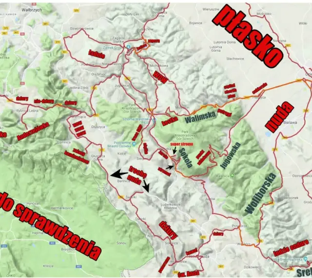 Mapa atrakcji Gór Sowich: od "nudy" po "super stromo", z zaznaczonymi trasami i miejscami do sprawdzenia.