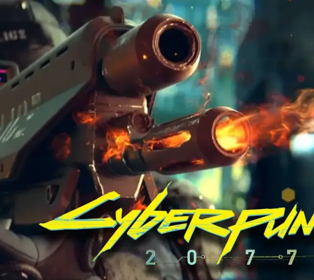 Un oficial de policía de **Cyberpunk 2077** dispara un arma futurista con llamas saliendo del cañón.