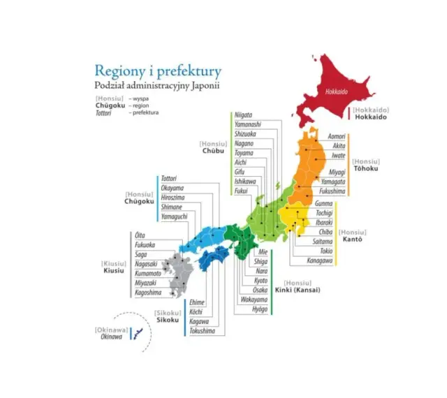 Mapa przedstawia podział administracyjny Japonii, ukazując główne wyspy i prefektury.