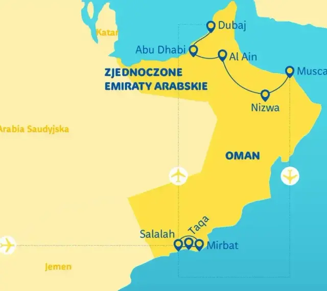 Mapa pokazuje Zjednoczone Emiraty Arabskie i gdzie jest Oman, z zaznaczonymi miastami jak Dubaj, Maskat i Salalah.