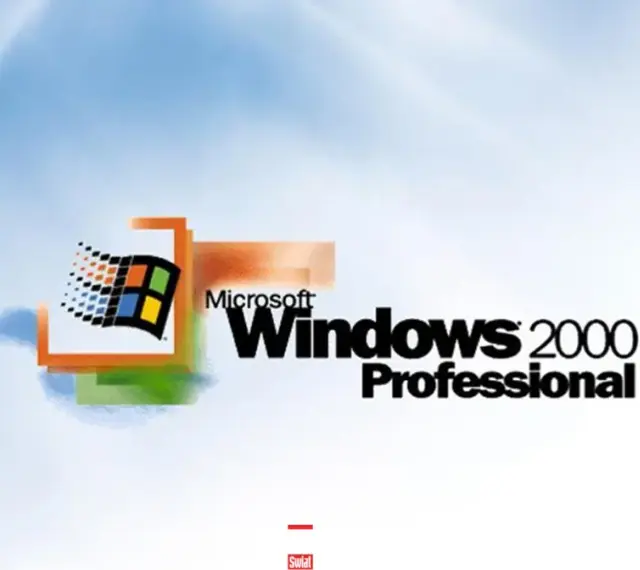 Logo Microsoft Windows 2000 Professional na tle błękitnego nieba z chmurami.