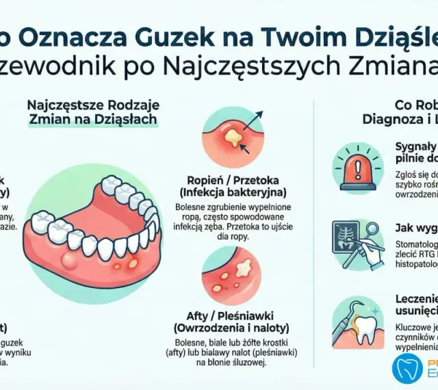 Ilustracja przedstawia różne zmiany na dziąśle, w tym nadziąślaka, ropień i włókniak. Opisuje, jak rozpoznać i leczyć guzek w jamie ustnej.