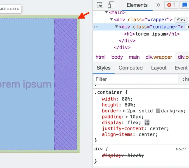 Kontener flexbox z tekstem "lorem ipsum" wyśrodkowanym dzięki `justify-content: center`.