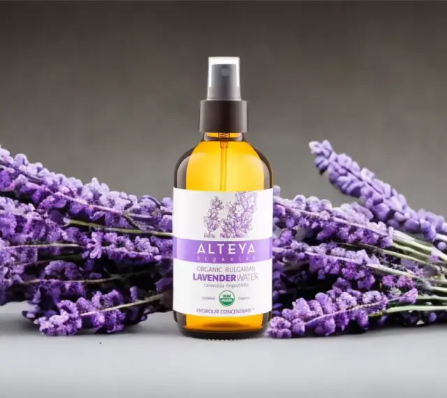 Butelka z organiczną wodą lawendową Alteya Organics otoczona bukietami fioletowej lawendy.