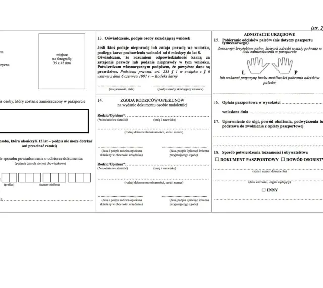 Formularz wniosku o paszport, sekcja 11: podpis osoby, która zostanie zamieszczony w paszporcie.