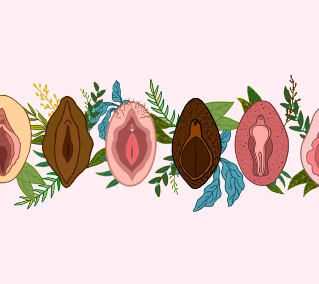 Ilustracja przedstawia siedem różnych warg sromowych, otoczonych liśćmi i gałązkami. Wargi sromowe są w różnych odcieniach skóry i kształtach, symbolizując różnorodność. Niektóre mają delikatne włoski, inne są gładkie. Wizerunki te podkreślają naturaln...