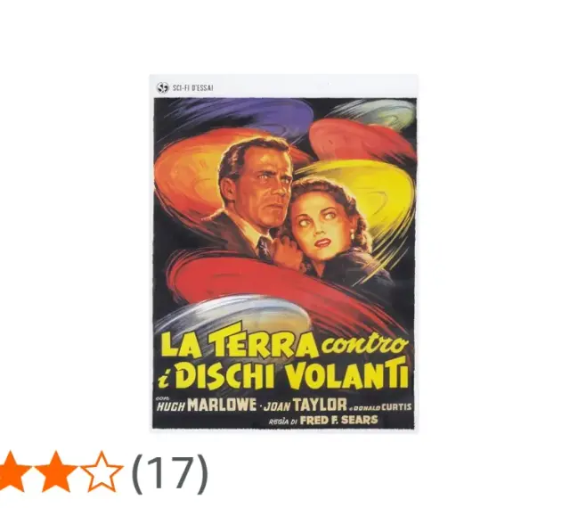 Locandina del film "La Terra contro i dischi volanti", con una coppia spaventata circondata da dischi volanti colorati.