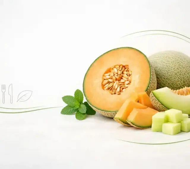 Melon właściwości: soczysty melon kantalupa, pokrojony w plastry i kostki, z listkami mięty. Obok cały melon i plaster zielonego melona.