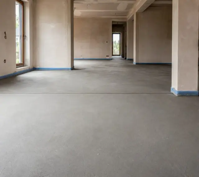 Nowy, betonowy strop czeka na wykończenie. Widać wyraźnie dylatację posadzki, która zapobiegnie pękaniu.