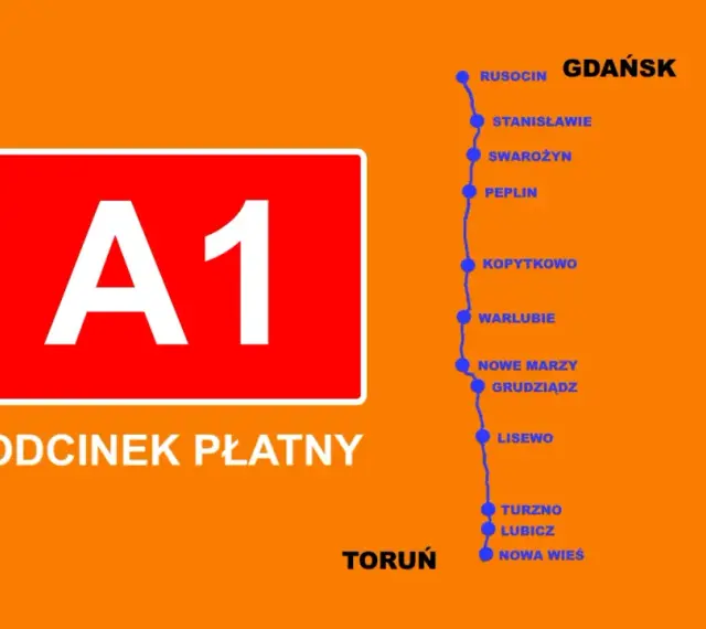 Mapa płatnego odcinka autostrady A1 Toruń - Gdańsk z zaznaczonymi miejscowościami.