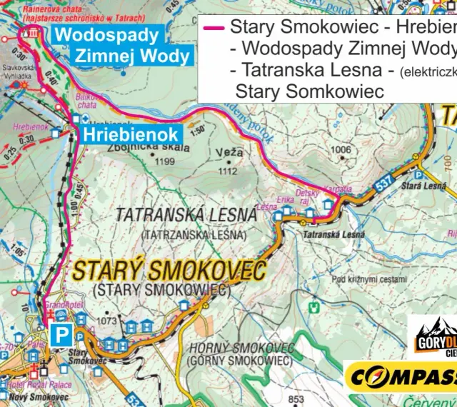 Mapa turystyczna Tatr z zaznaczonymi szlakami, miejscowościami Stary Smokowiec, Hrebienok i Wodospady Zimnej Wody.