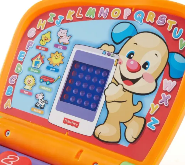 Kolorowy Fisher Price laptop z pieskiem i literkami. Uczy dzieci alfabetu i słówek.