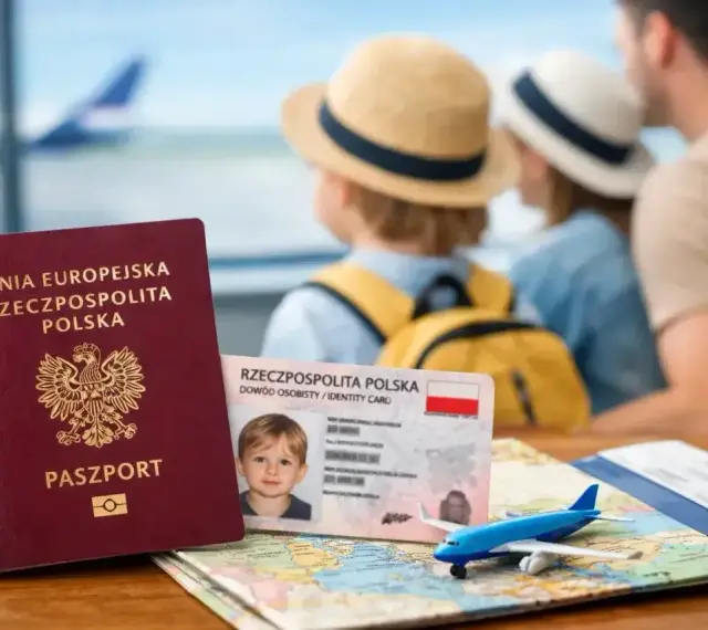 Polski paszport i dowód osobisty (eea national id card co to) na tle rodziny czekającej na samolot.