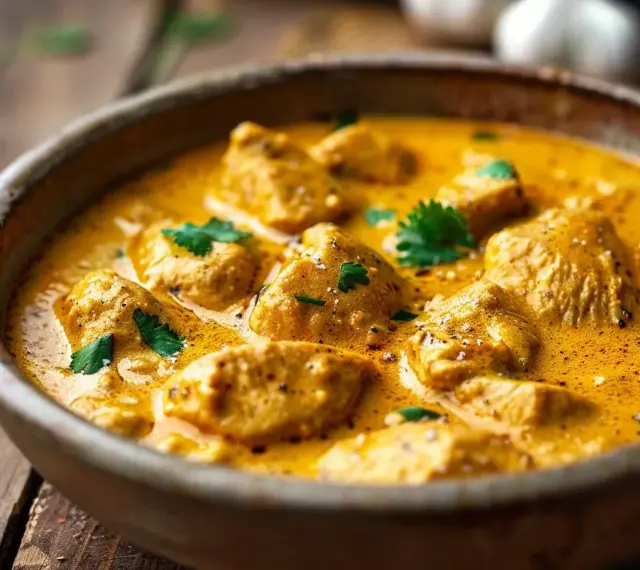 En krämig kycklingrätt i en skål, perfekt för ett enkelt kyckling recept. Garnerad med färsk koriander.