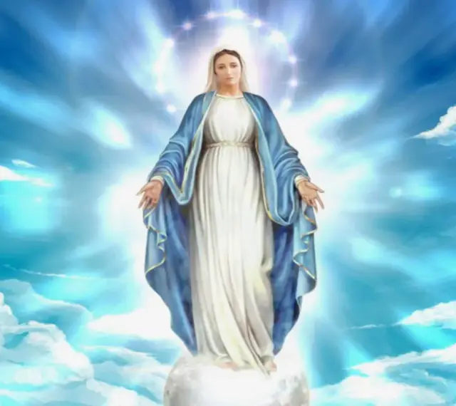 Postać Maryi w błękitnym płaszczu, unosząca się na obłoku, otoczona blaskiem i gwiazdami. Symbol niepokalanego poczęcia.