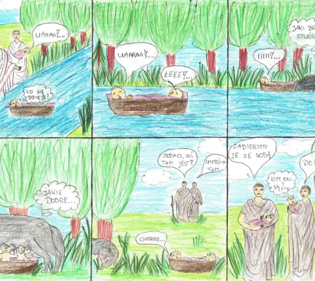 Krótki komiks dla dzieci: porzuceni bracia, wilczyca i dwaj pasterze, którzy ich ratują.