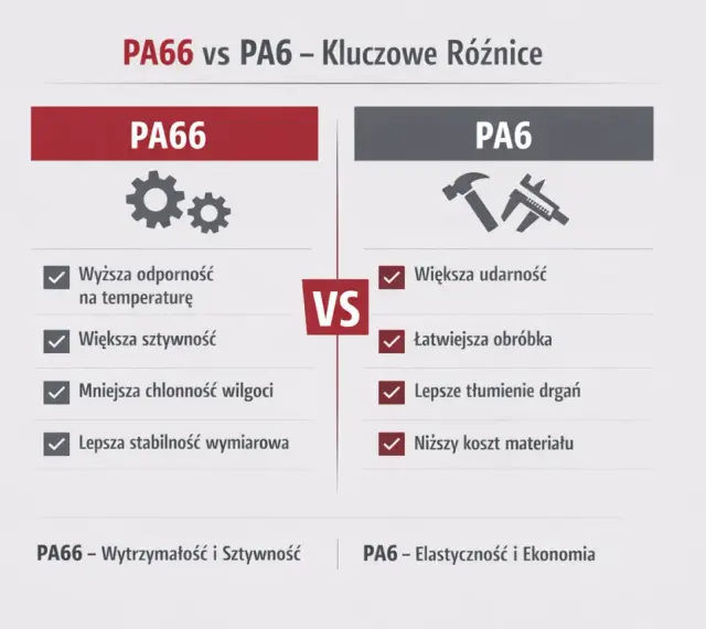 Porównanie PA66 i PA6: grilon PA66 ma wyższą odporność na temperaturę i sztywność, PA6 większą udarność i niższy koszt.