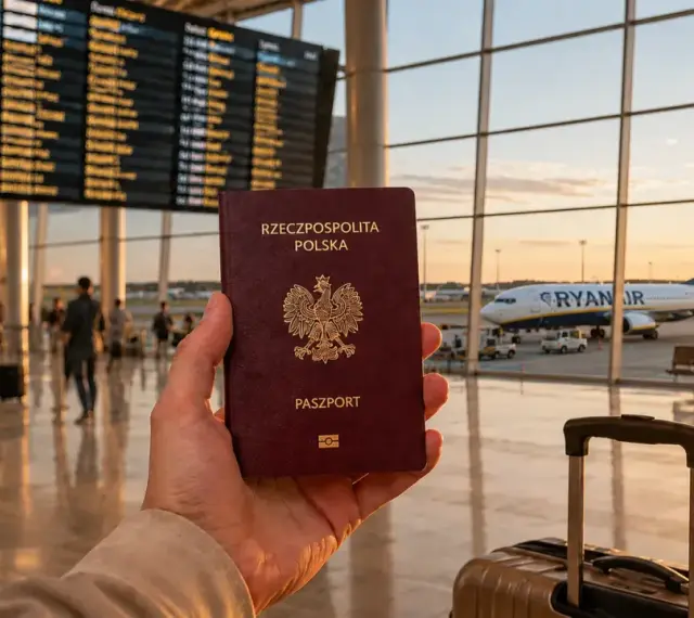 Polska walizka i paszport czekają na lotnisku na podróż. Samolot Ryanair gotowy do startu.