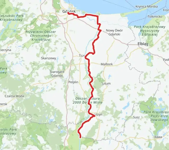 Mapa z zaznaczonymi trasami rowerowymi Wisła, od Gdańska przez Malbork po okolice Jezioraka.