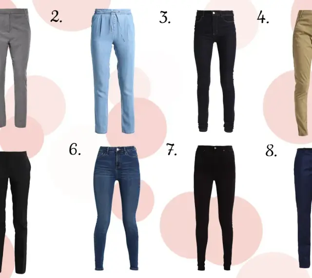 Osiem par spodni: szare w kratkę, błękitne jeansy, czarne rurki, beżowe chinosy, czarne eleganckie, niebieskie jeansy, czarne skinny, granatowe. Jaki to rozmiar?