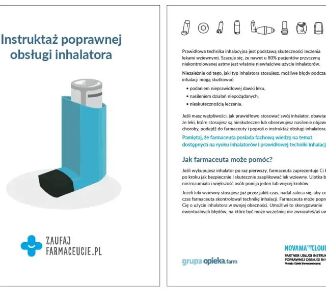 Instrukcja obsługi inhalatora, np. Ventolin. Prawidłowa technika to klucz do skutecznego leczenia astmy. Farmaceuta pomoże opanować właściwe użycie.