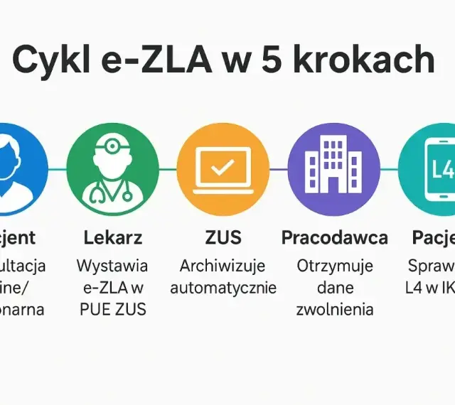 Schemat cyklu e-ZLA: Pacjent, Lekarz, ZUS, Pracodawca, Pacjent. Dowiedz się, jak sprawdzić czy jestem ubezpieczony i uzyskać L4.