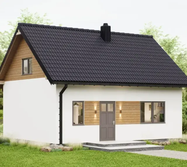 Gotowe domki na działkę ROD. Biały domek z drewnianymi elementami, czarnym dachem i kominem, otoczony zielenią.