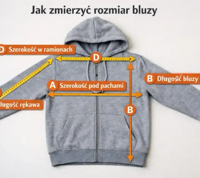 Szara bluza z kapturem, rozmiar M, z miarką pokazującą jak zmierzyć szerokość pod pachami (A), długość bluzy (B), długość rękawa (C) i szerokość w ramionach (D).