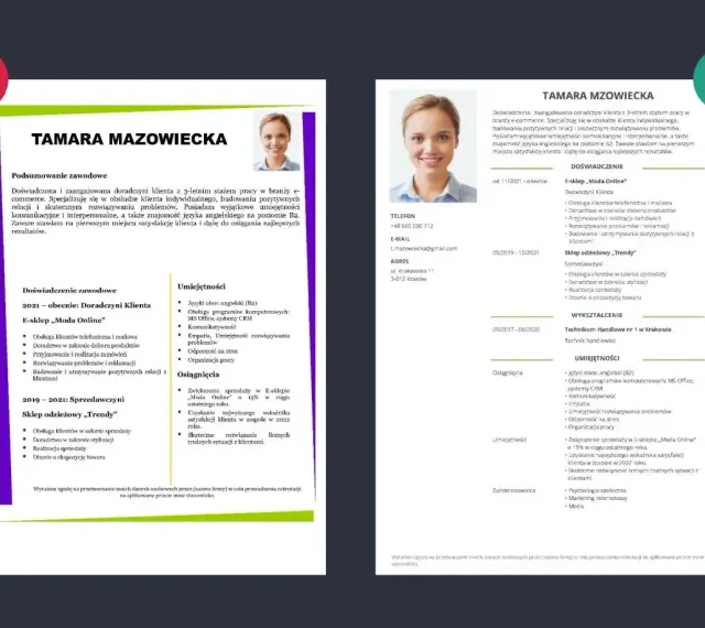 Tamara Mazowiecka, doradczyni klienta z 3-letnim doświadczeniem, szuka pracy. Jej tytuł zawodowy to "Doradczyni Klienta".