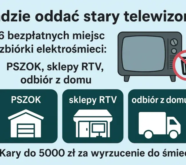 Grafika przedstawia stary telewizor z przekreślonym koszem na śmieci oraz ikony PSZOK, sklepów RTV i odbioru z domu.