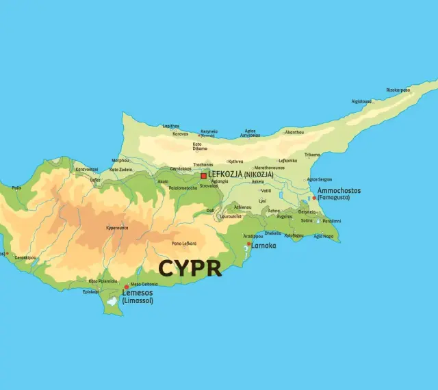 Mapa pokazuje, gdzie leży Cypr, z zaznaczonymi miastami jak Nikozja, Limassol i Larnaka.