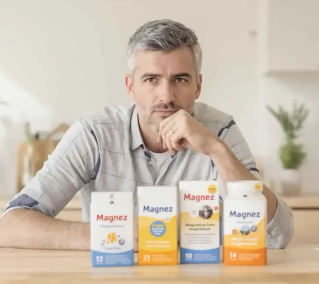 Mężczyzna zamyślony nad stołem, na którym stoją cztery opakowania magnezu, w tym tlenek magnezu.