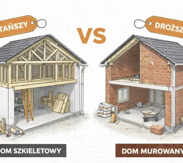 Porównanie kosztów budowy domu: szkieletowy (tańszy) vs murowany (droższy). Ilustracja pokazuje etapy budowy obu typów domów.