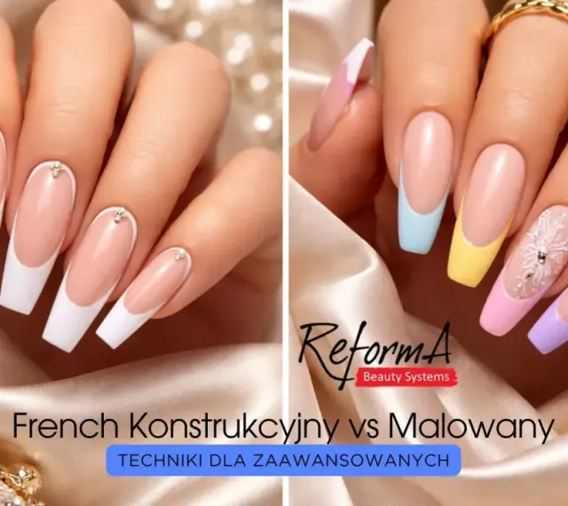 Dwa rodzaje stylizacji paznokci: klasyczny french konstrukcyjny z cyrkoniami i kolorowy french malowany z ozdobami.