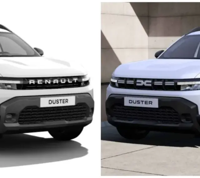 Dwa białe SUV-y, jeden z napisem RENAULT, drugi z logo Dacia, oba z nazwą DUSTER.