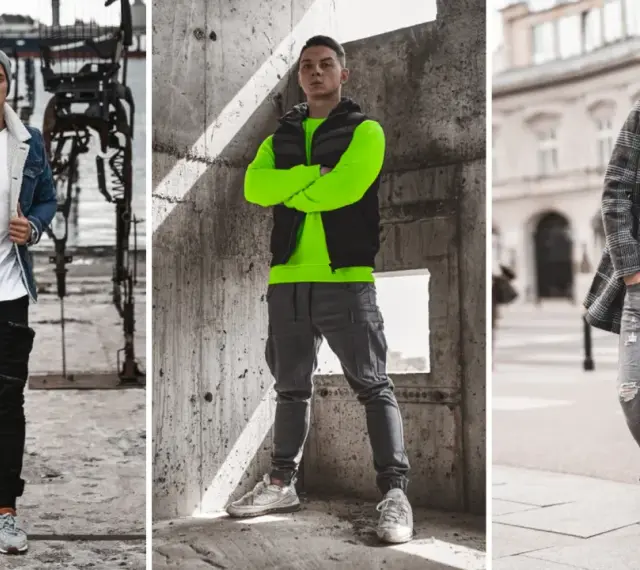 Trzech mężczyzn prezentuje gotowe zestawy ubrań do kupienia: denimowa kurtka z kożuszkiem, neonowa bluza z kamizelką i płaszcz w kratę.