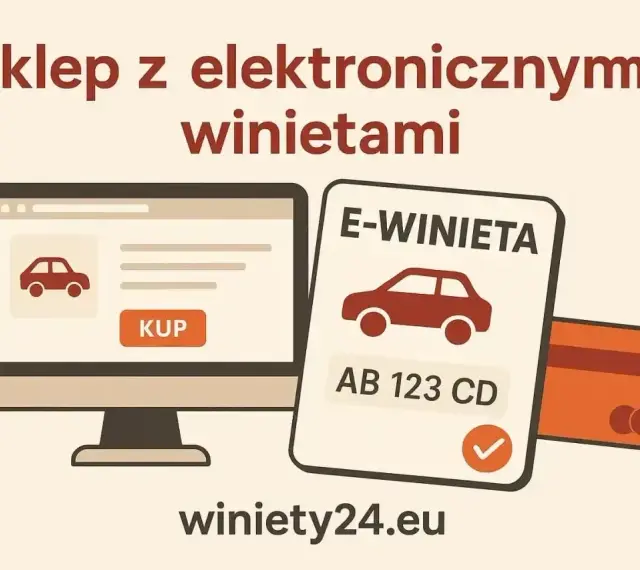 Sklep z e-winiety Czechy gdzie kupić. Komputer z przyciskiem "KUP", e-winieta z numerem rejestracyjnym i karta płatnicza.