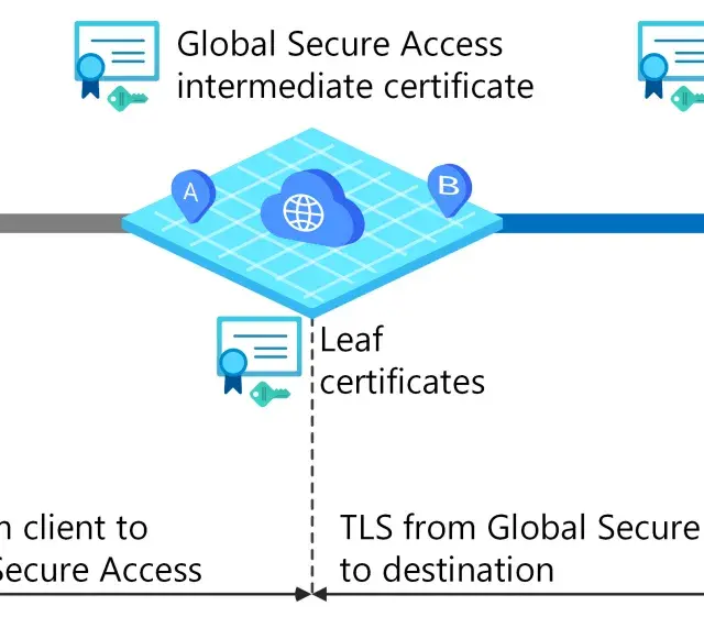 Schemat wyjaśnia, jak działa TLS: od urządzeń klienckich przez Global Secure Access do serwera docelowego, z użyciem certyfikatów.